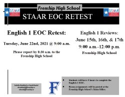 STAAR EOC Enlgish 1 Retake Dates and Times